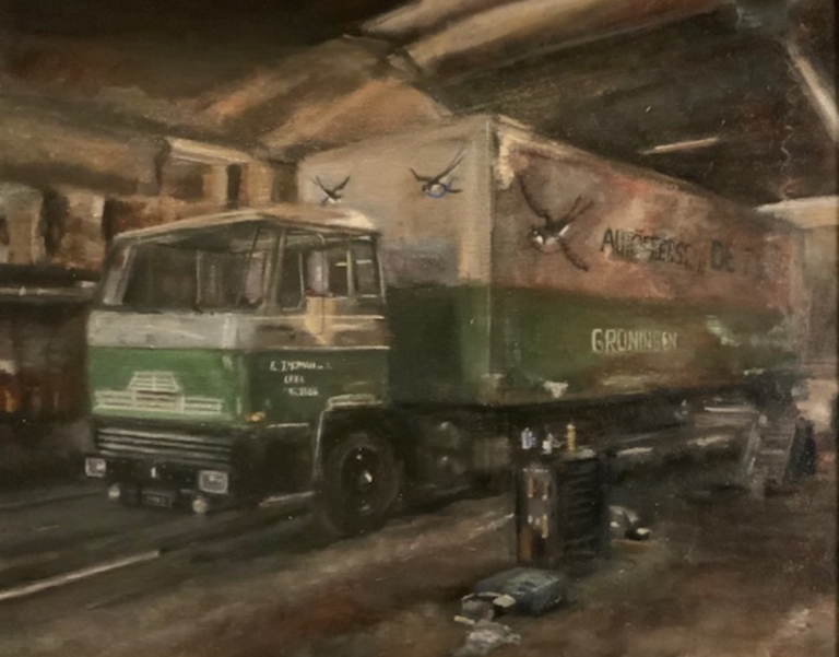 Vrachtwagen, Medium: Olieverf – (40 x 50 cm) - Verkocht